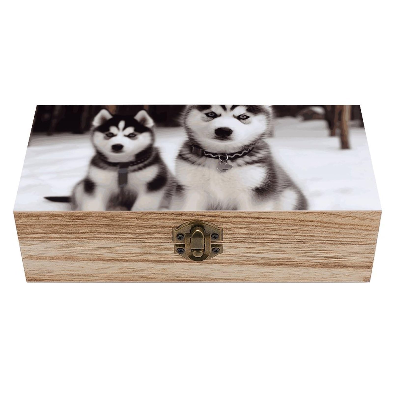 Oudrspo Adorable Huskies Wooden Keepsake Box Decorative Memory Storage Box with Hinged Lid Small Jewelry Keepsake Boxes for Storing Gift Pictures Letters Time Capsule