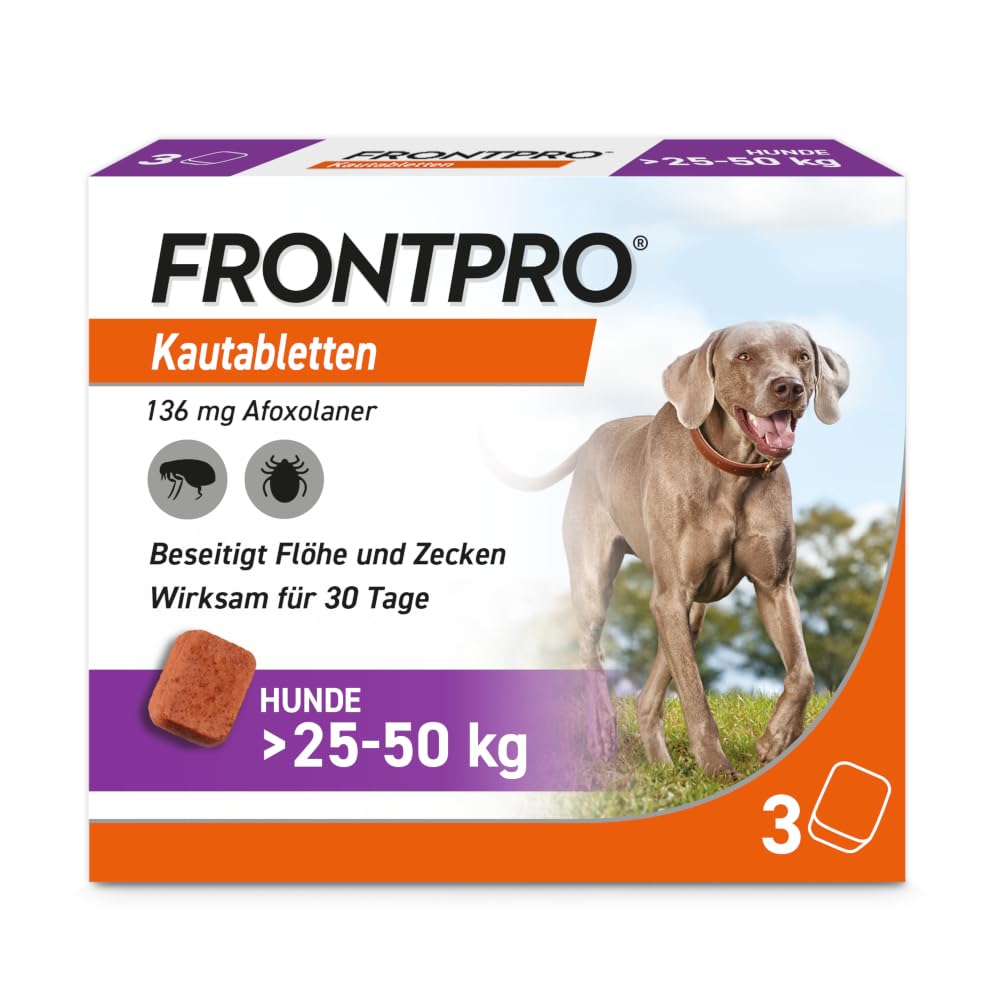 FRONTPRO Kautabletten für Hunde 25-50 kg 6-Monats-Set zum Schutz gegen Zecken und Flöhe mit Zeckenzange: Schützt bis zu 6 Monate