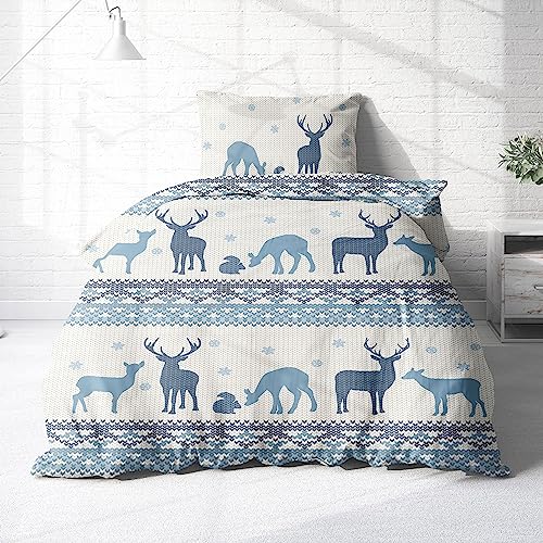 Träumschön Biber Hirsch Bettwäsche 135x200 Baumwolle Weiß Blau - Winter Bettwäsche Biber - Weihnachten Bettwäsche Blau - Elch Bettwäsche