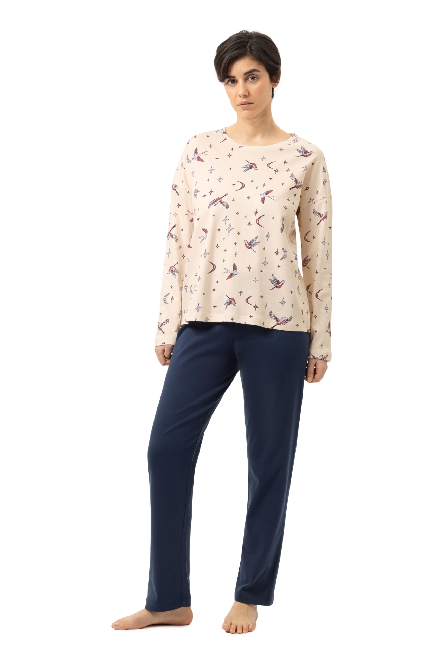 Mey Damen Schlafanzug lang Allover-Print Serie Winter Birds