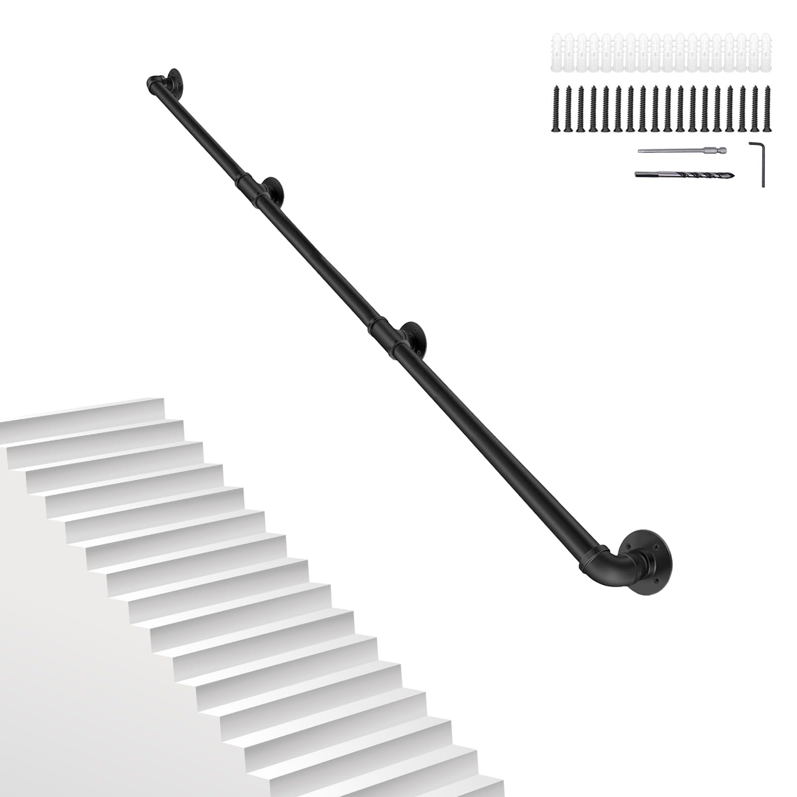 8FT/2.4M Pipe Stair Handrail Metal Railing Staircase Handrails Wall Mount Non-Slip Safety Stair Rail Outdoor Indoor Industrial Pipe Handrail Black Step Baluster Handrail