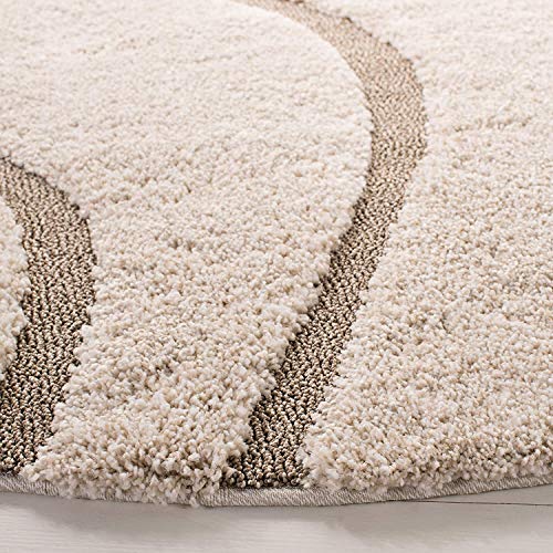Image of Geometric Wave Shaggy Rectangular Carpet For Living Room,Bedroom,High Low Design Finish Microfiber 1.8 Inch Pile High,5X8 Feet Ivory|Beige Color