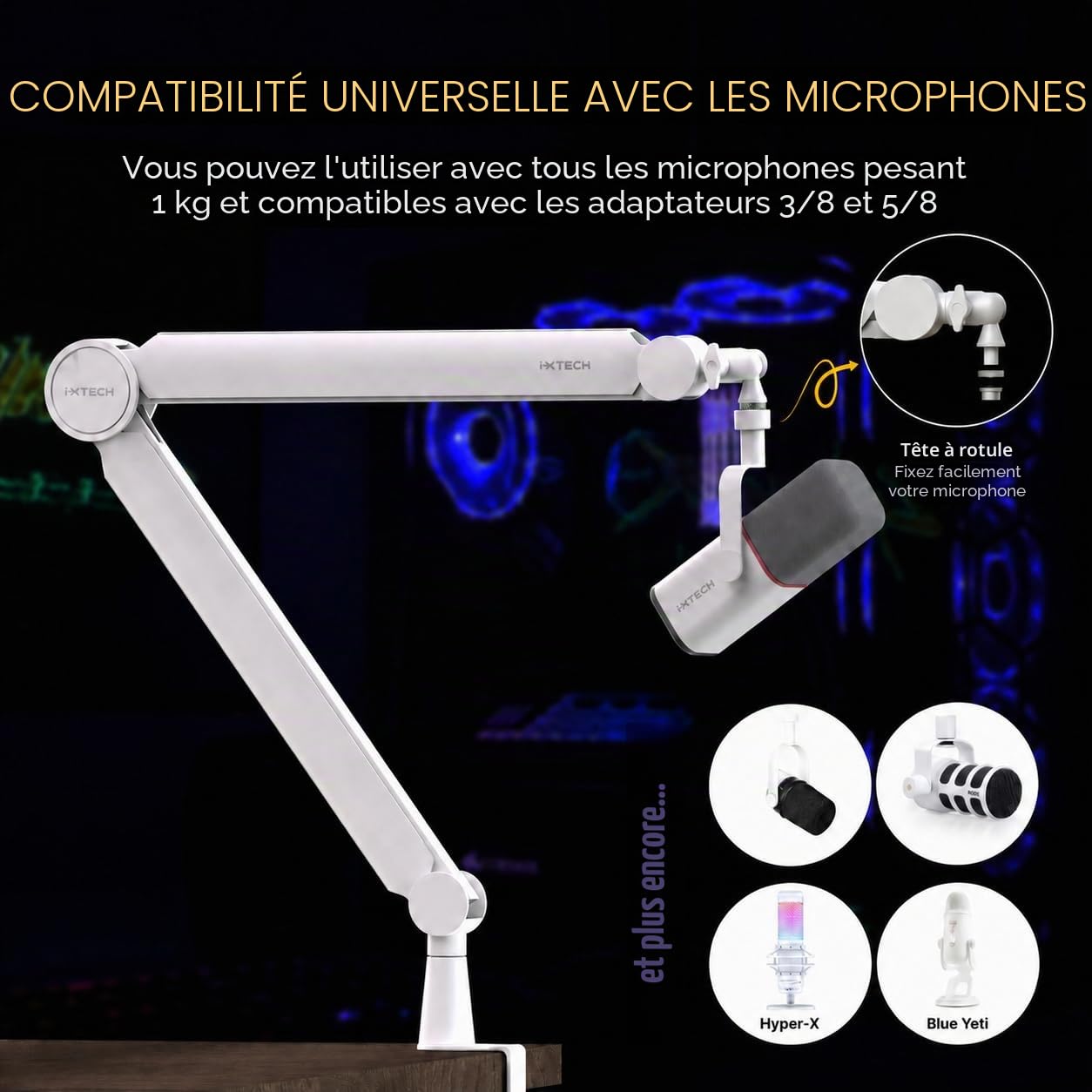 IXTECH Bras de microphone blanc premium, bras de perche rotatif à 360° avec support de bureau, entièrement réglable, robuste et universel, modèle VALIANT WHITE