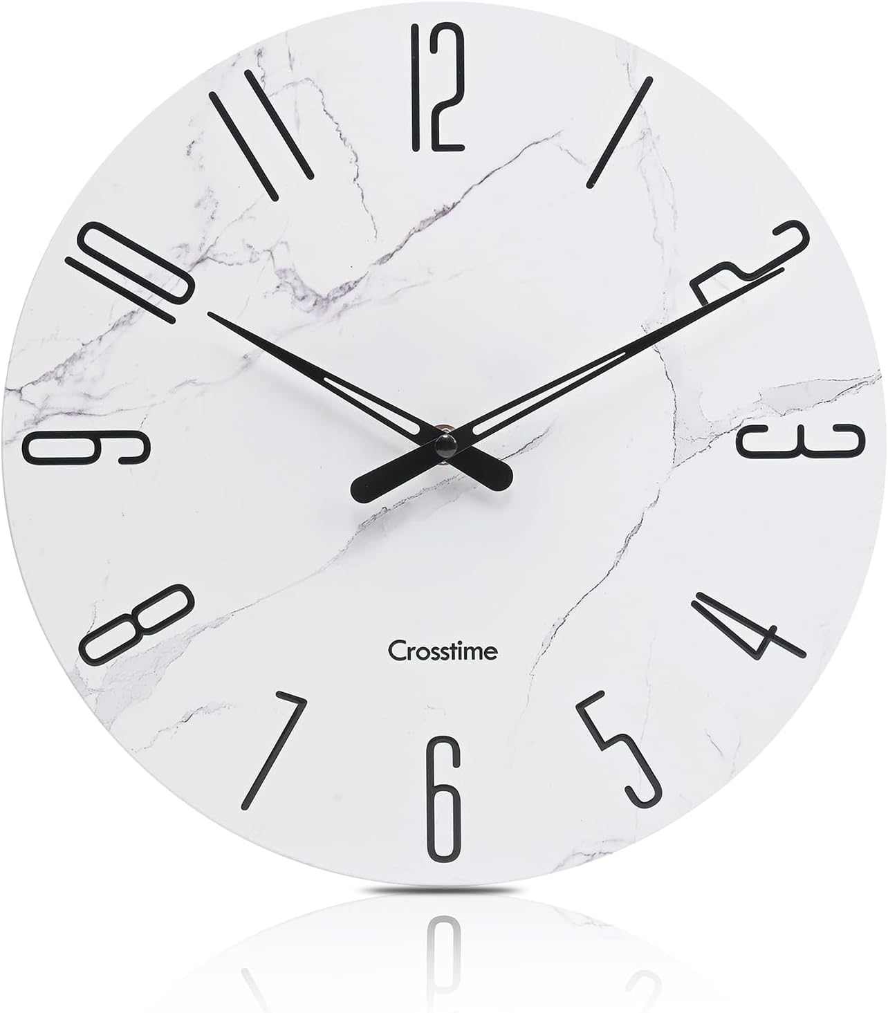 Crosstime 30cm Wall Clock White Faux Marble Pattern - Silent Non-Ticking Waterproof Tempered Glass, Modern Farmhouse Decor for Kitchen, Bathroom, Living Room