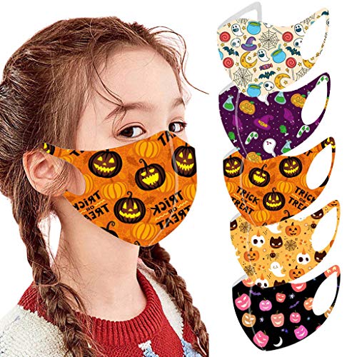 Preisvergleich Produktbild 5-Stück Halloween Mundschutz Kinder einschulung Baumwolle Cartoon Druck Verstellbarer Hängendes Ohr StaubschutZ, Atmungsaktive Waschbar Half Face Halstuch für Jungen und Mädchen