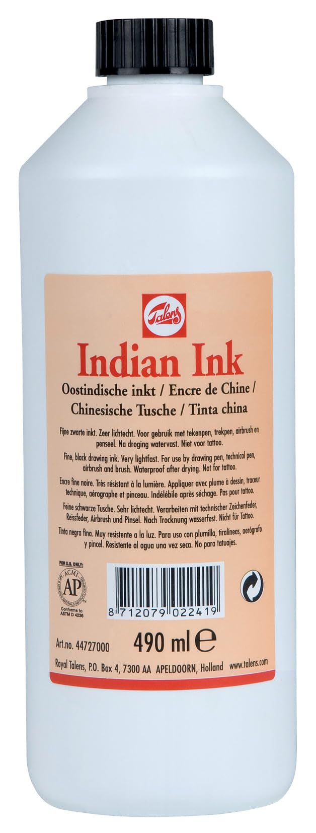 Talens Indian Ink Bottle - 490 ml - Black 700 - Fast Drying Waterproof Ink for Dip Pens & Brushes