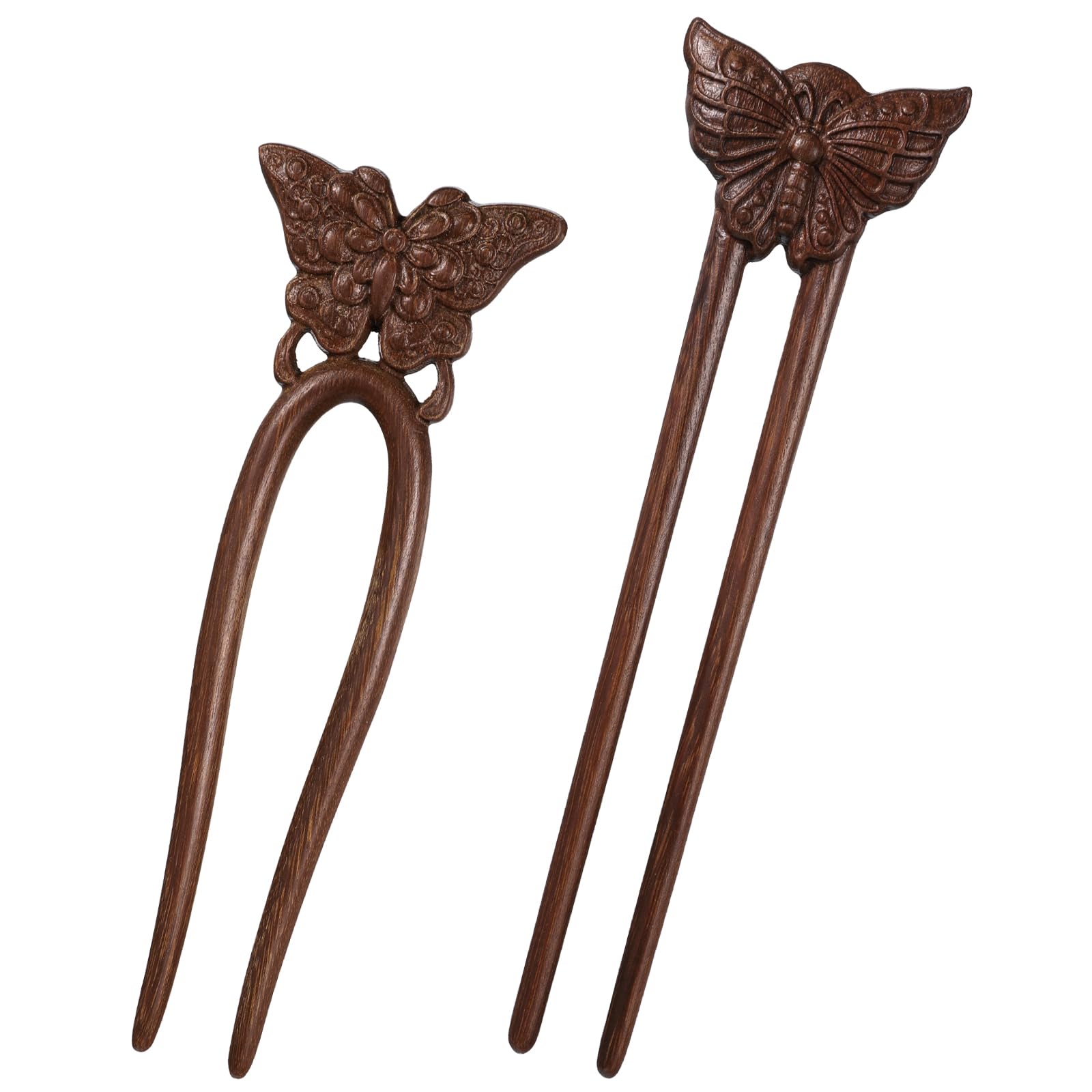 2 PCS Wooden Hair Sticks, Handmade Carved Wood French Hair Forks with Butterfly Design French Twist Hair Pins Vintage Chinese Hair Pins for Women Girls Chignon Bun Updo Hairstyle Accessories