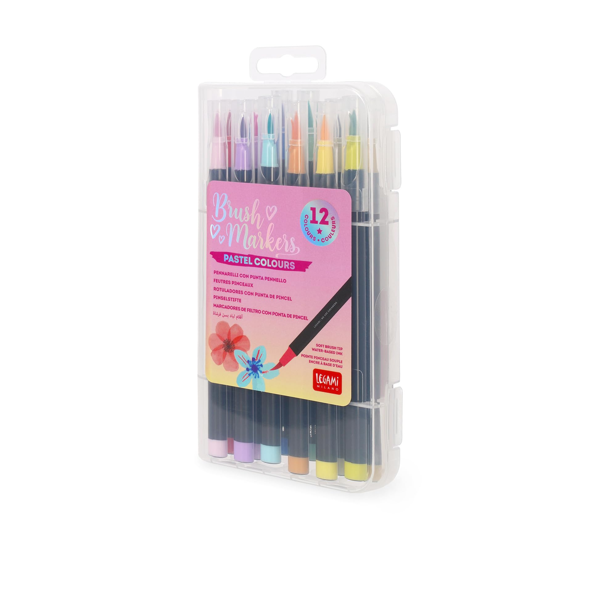 Legami - Juego de 12 rotuladores con punta pincel - Brush Markers, punta flexible de fibra de nailon, rotuladores 12 colores pastel, trazos fluidos y anchos variables, diámetro del rotulador 1 cm