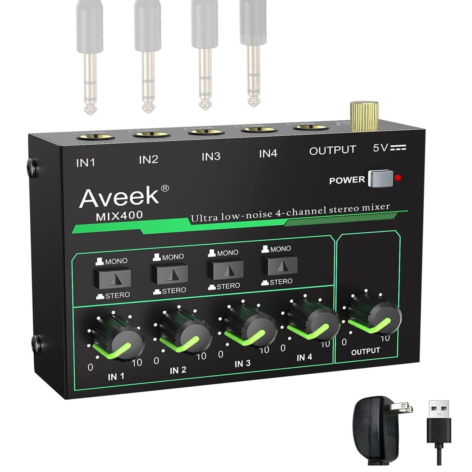 Aveek Mini Line Mélangeur audio 4 canaux avec commutation stéréo/mono et fonctionnement à faible bruit pour un sous-mixage de précision, entrée/sortie TRS 6,35 mm, idéal pour