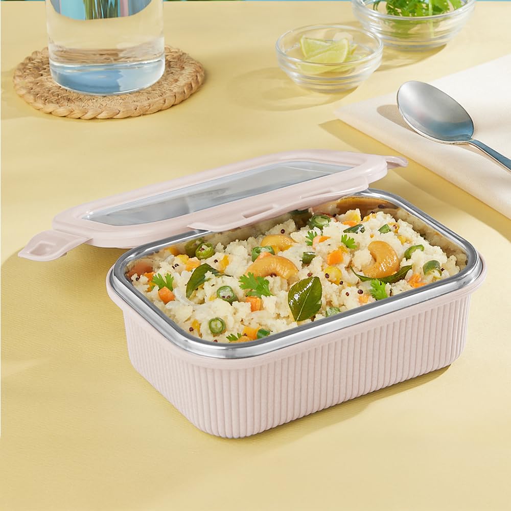 Larah by BOROSIL Freshbyte Food Storage Container with Airtight Stainless Steel Lid | Fridge Container for Lunchbox | Food Grade | Microwave Safe (Beige, 400 ml, Rectangular)
