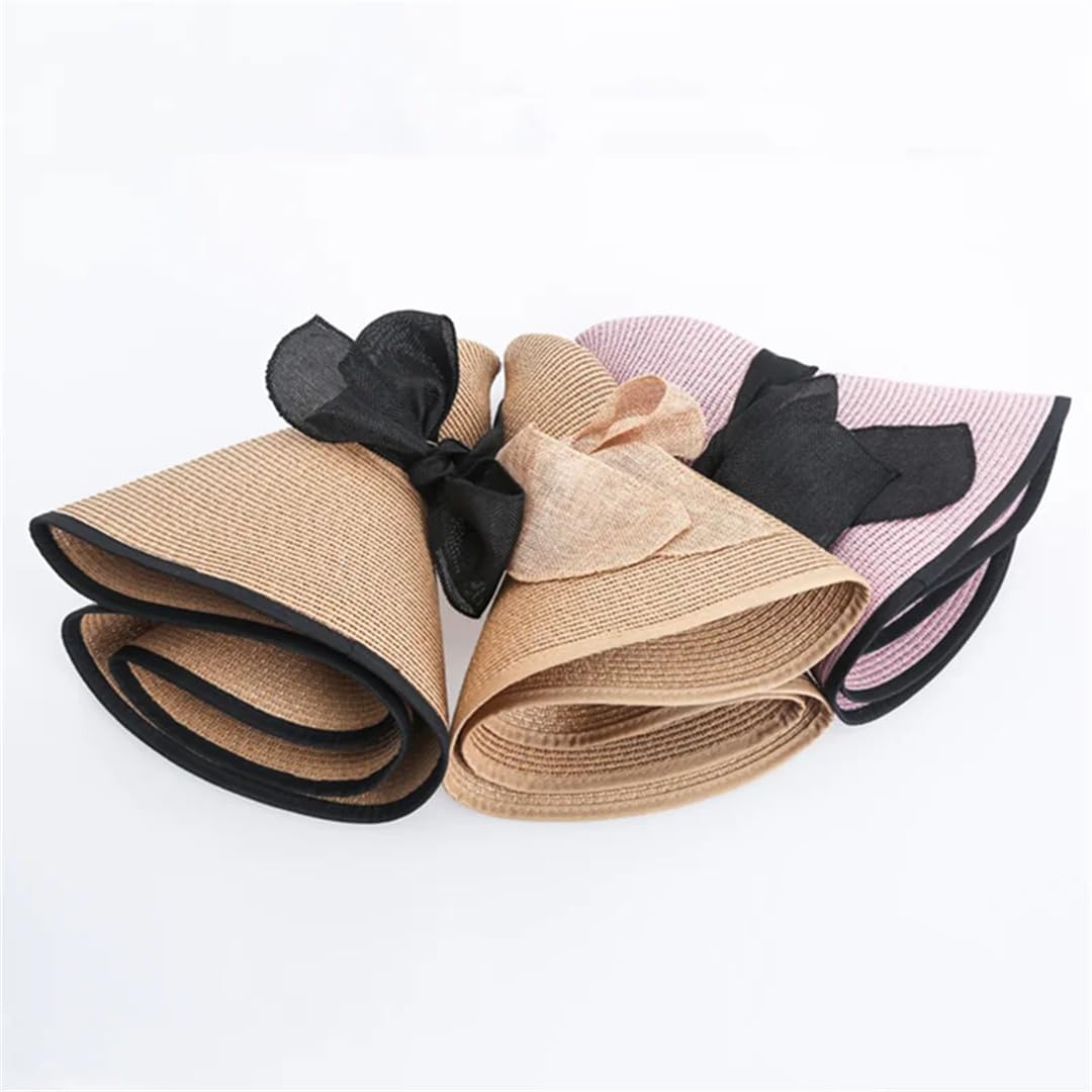 Yeuyyben Cappelli da spiaggia a tesa larga per le donne cappello estivo pieghevole cappello da sole alla moda piatto Bowknot Panama cappelli di paglia
