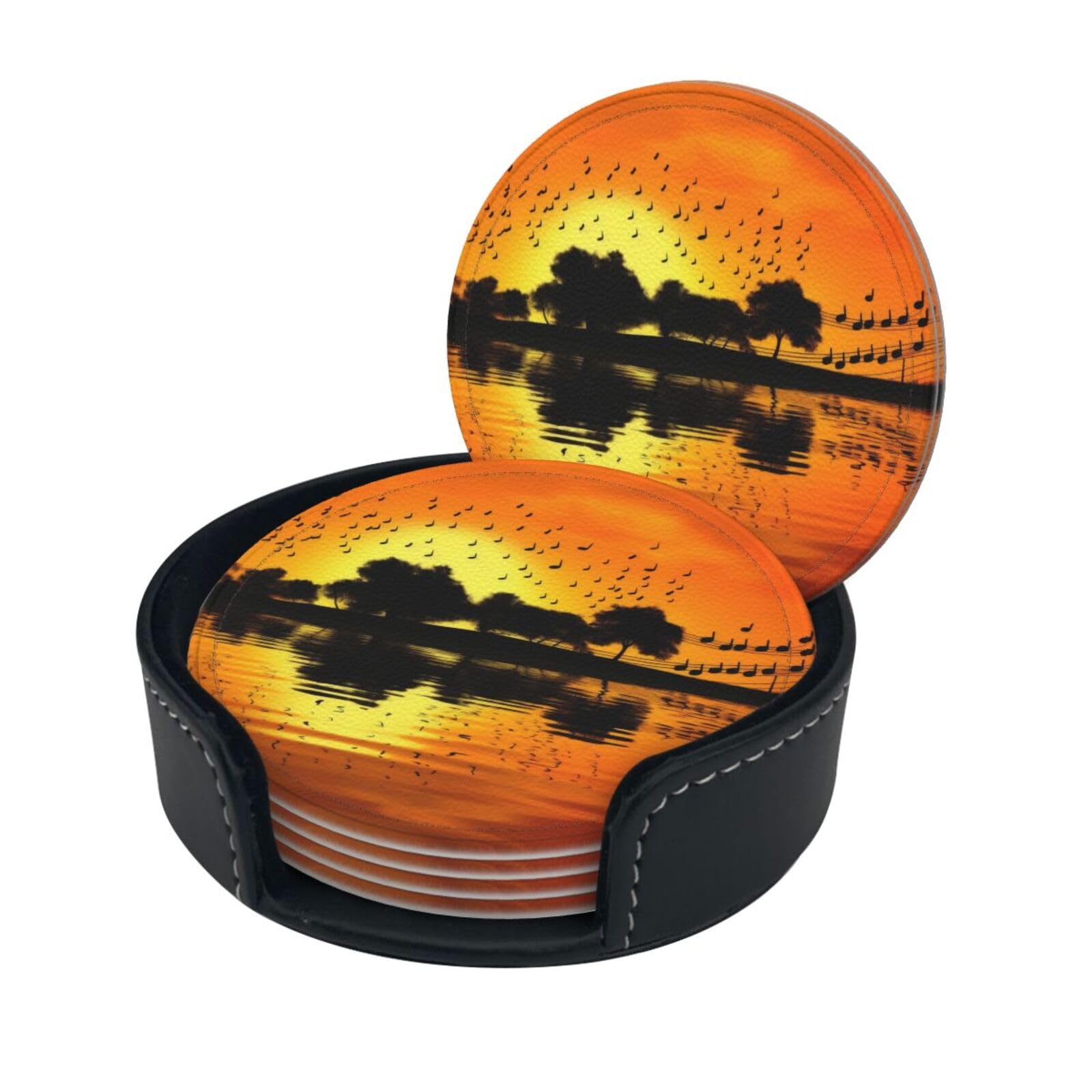 Stylish Coasters - Lake Guitar Reflection Set of 6 Round Leather Drink Coasters with Holder - Perfect Size for Cups and Glasses