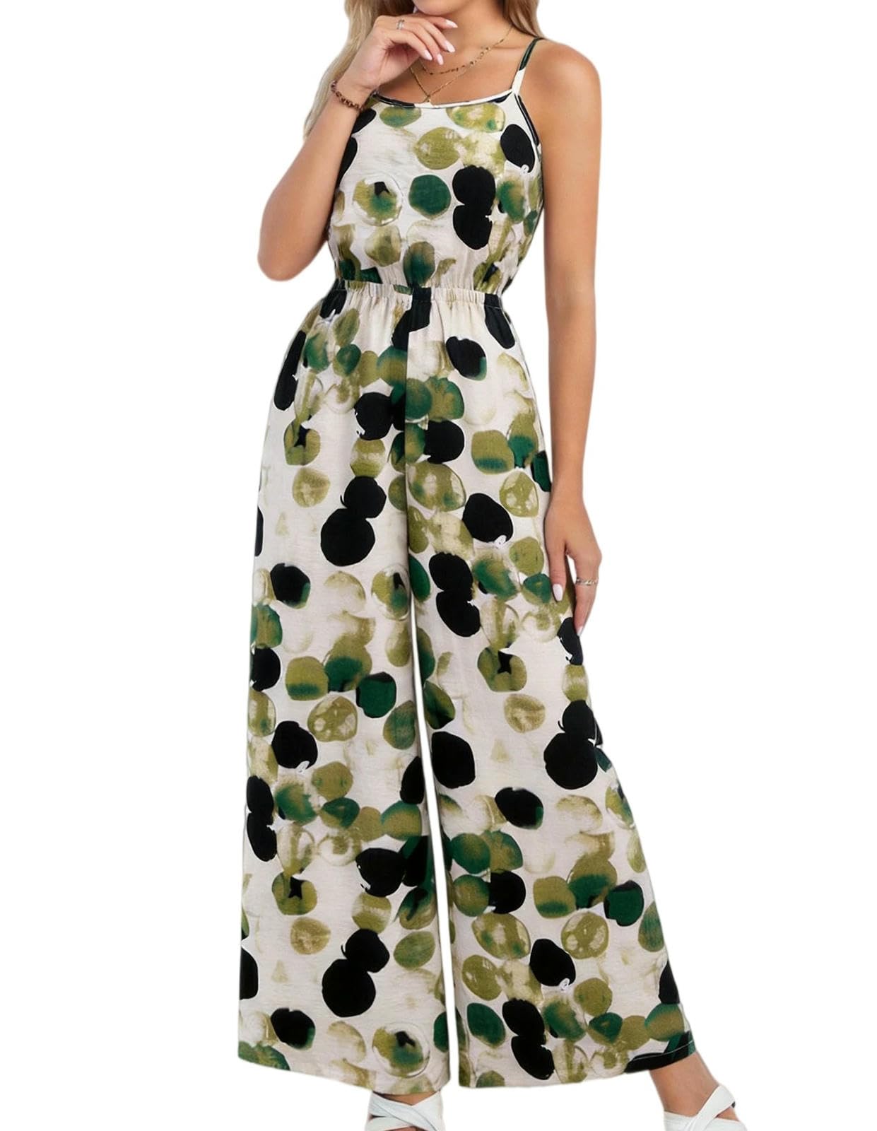 Mono De Verano Mono De Mujer Verde Y Negro con Estampado, Tirantes Finos Y Pernera Ancha.