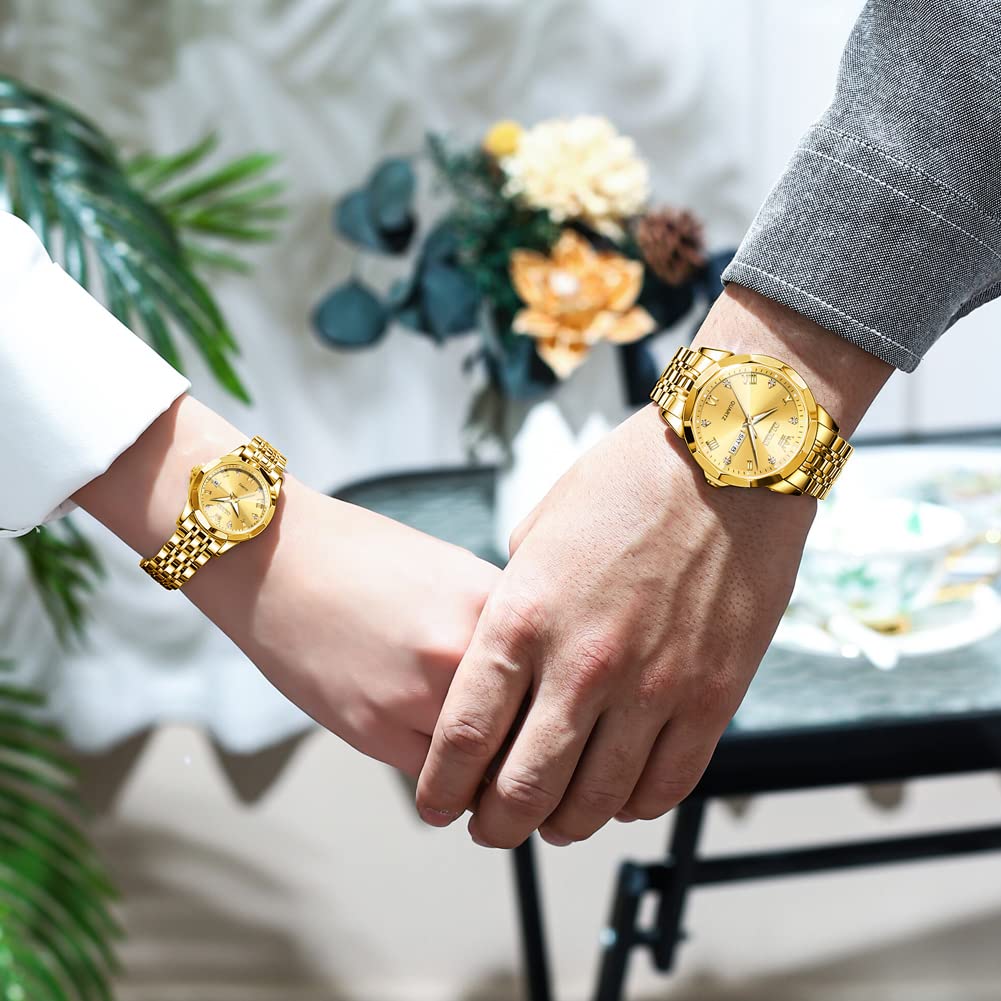 OLEVS Par de relojes de cuarzo para pareja de San Valentín, calendario luminoso, ventana de fecha, 3 ATM, impermeable, casual, acero inoxidable, reloj de pulsera para hombres y mujeres, amantes de la