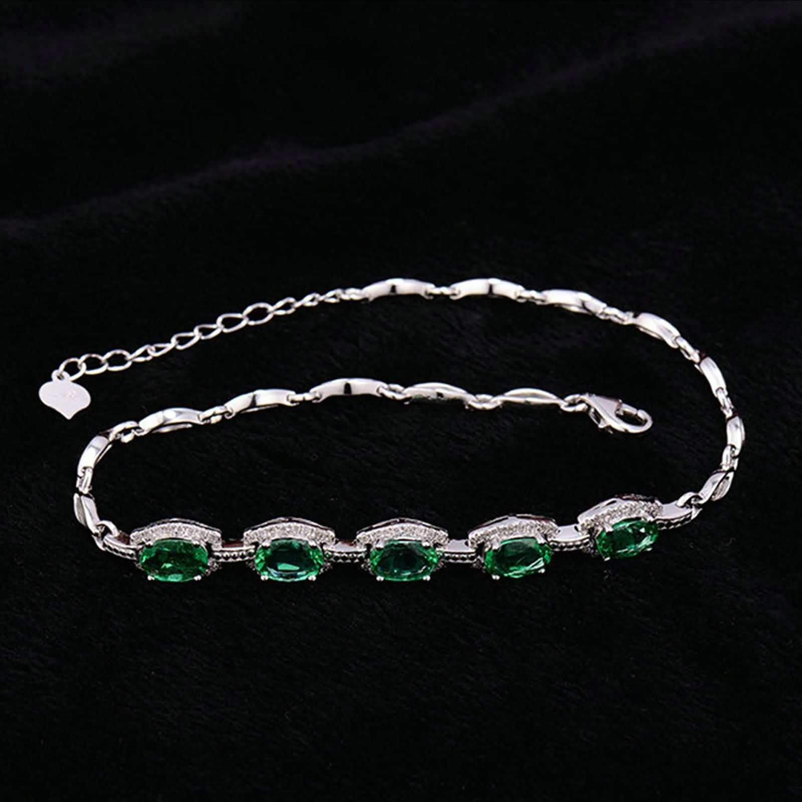 Pulseras de Mujer de Oro Blanco 9 Kilates / 14 Kilates / 18 Kilates, Oval con Esmeralda de 2,17 ct y Diamante de 0,24 ct, Cadena Extensible 16 CM + 5 CM, Pulsera Mujer Ajustable Plata Verde