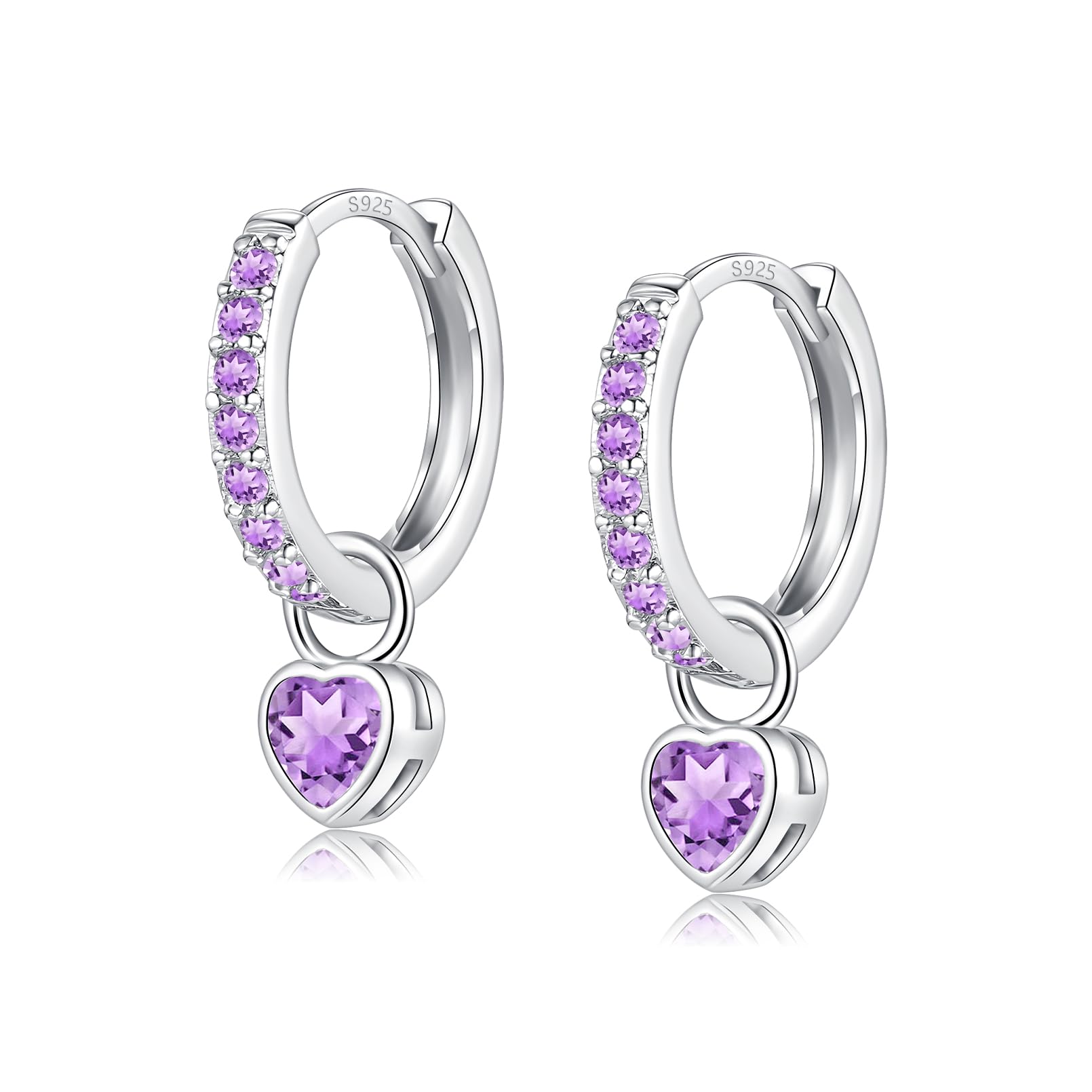 Ohrringe Silber 925 Hängend Creolen Klein Mit Herz Rund Zirkonia für Damen Mädchen Herren (Purple-Herz)