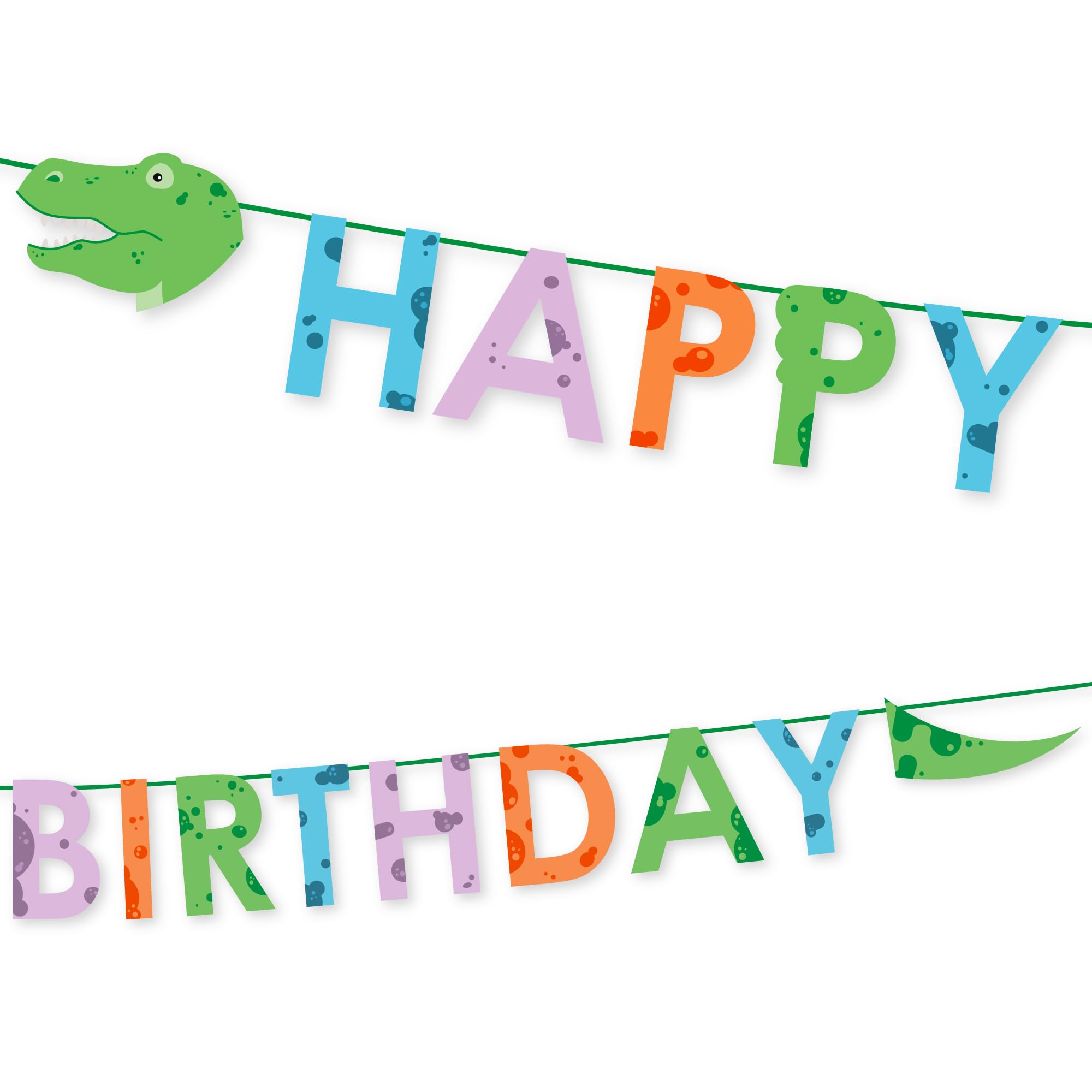 Happy Birthday Paper Dinosaur Garland 2.5m Hanging Party Decoration 15 Pennants Reusable Dino Banner for Kids, White