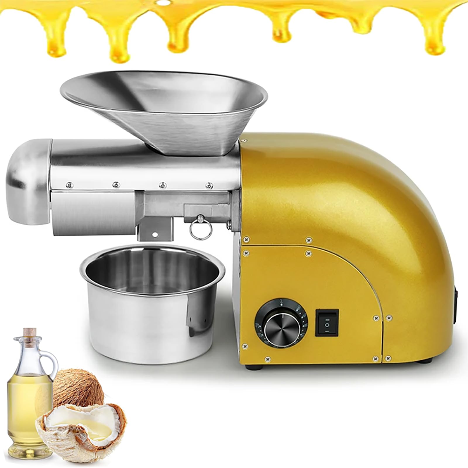 Eoweiot Oil Press Machine, Nut Seeds Oil Extractor, 1250W High Power and Supports 24 H Operation, Cold/Hot Pressing Modes and Input 3-5kg/h (Gold)