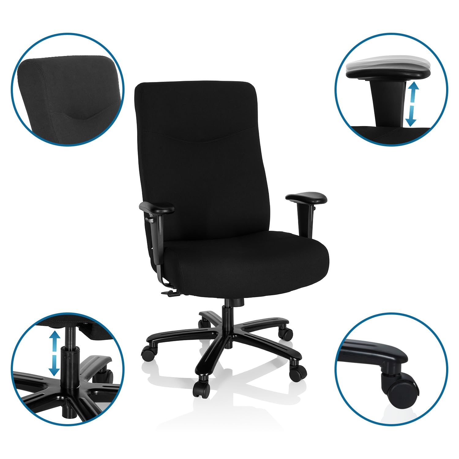 hjh OFFICE 738122 Chefsessel XXL Everest I Stoff Schwarz Schreibtischstuhl gepolstert bis 180kg belastbar, höhenverstellbar, one Size