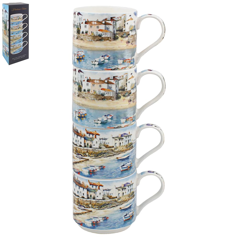 Stacking Mugs Harbour Town Coastal Art Theme Fine China Ceramic Drinkware Cup