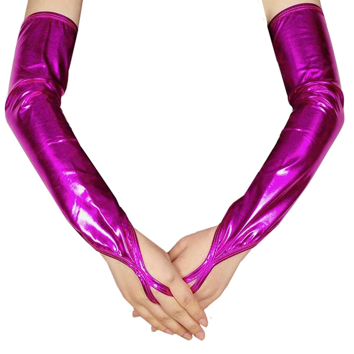 Hybursky Women's Rosered Metallic Fingerless Long Gloves, Patent Leather Shiny Elbow Length Opera Gloves For Evening Party Masquerade Rave Stage Performance Cosplay Costume Night Club Dancewear (Rosered)
