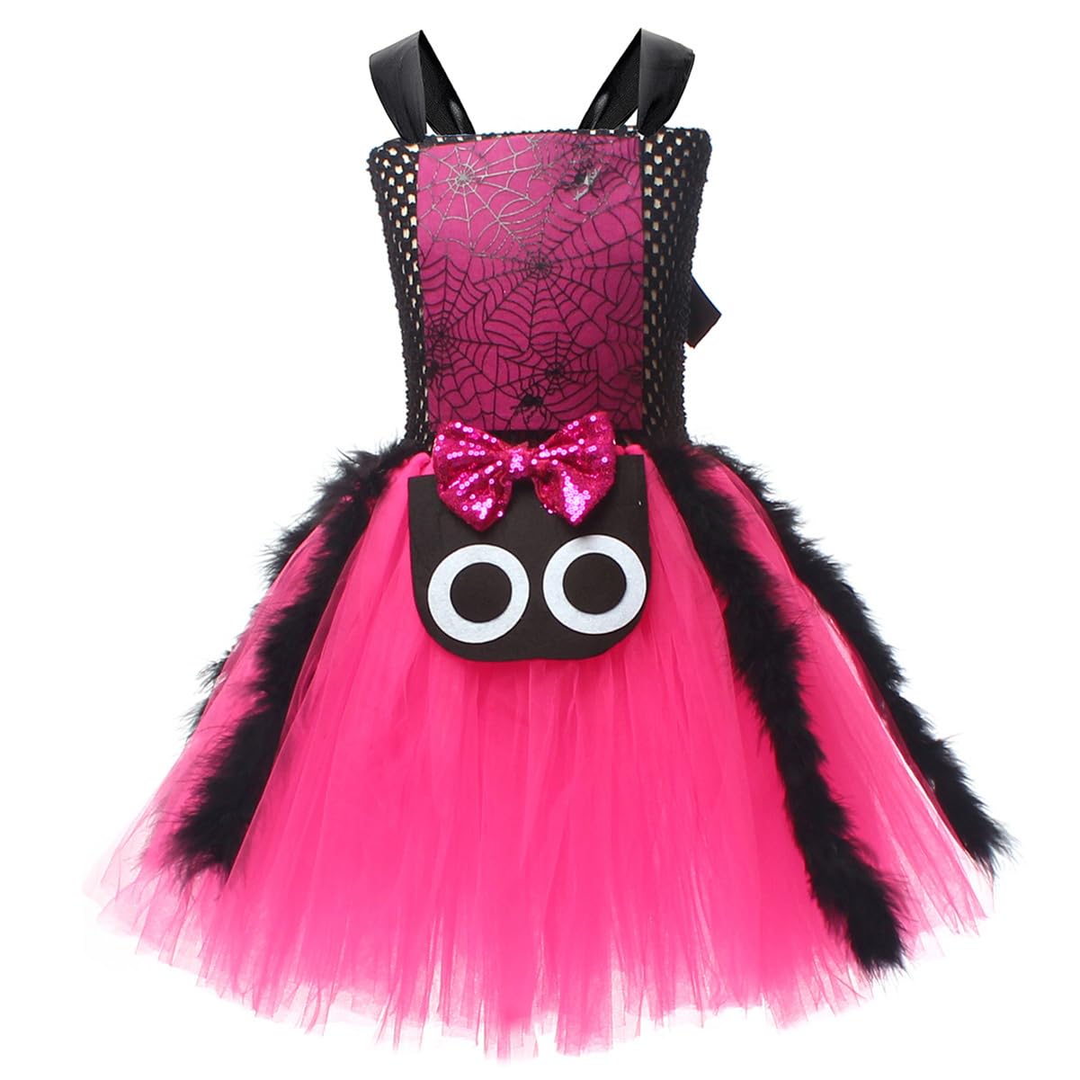 IDOPIP Kid Girls Witch Spider Costume with Broom and Hair Clips Outfit for Carnival Dress Up Party Fancy Dress Parade Tulle Tutu Dress Rose Red 6-7Y - Image 2