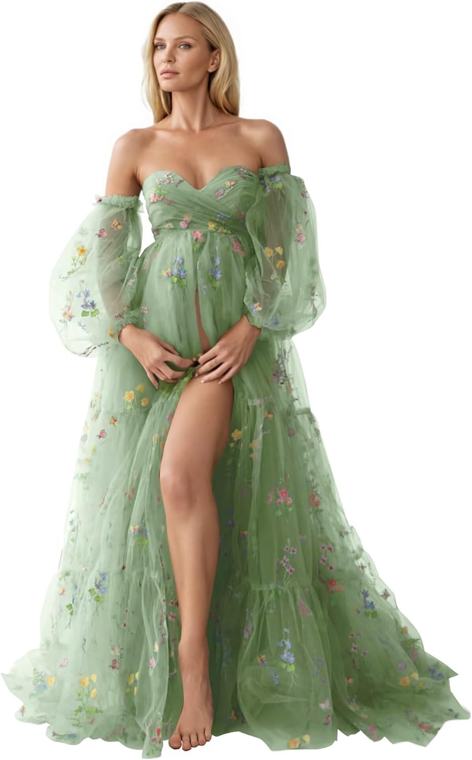 Yexinbridal Flower Embroidery Tulle Maternity Dresses for Photoshoot Ruffles Puffy Sleeve Long Baby Shower Dresses