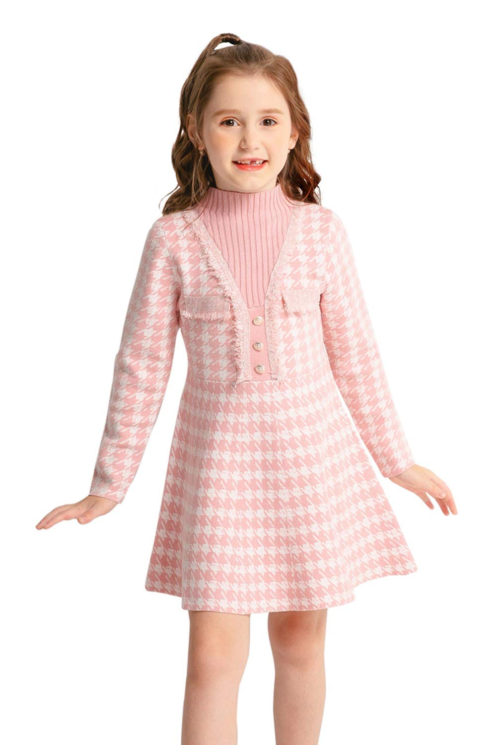 SMILING PINKER Vestido de manga larga para niñas, vestido de punto de pata de gallo para invierno, cuello alto