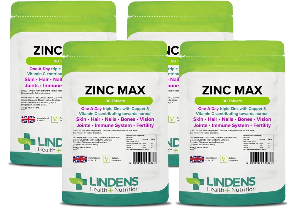 Lindens Zinc Max Tablets - 360 Pack - (90 Pack x4) Triple Zinc with Copper and Vitamin C - Immune System, Bones, Vision, Hair, Nails, and Skin - UK Manufacturer