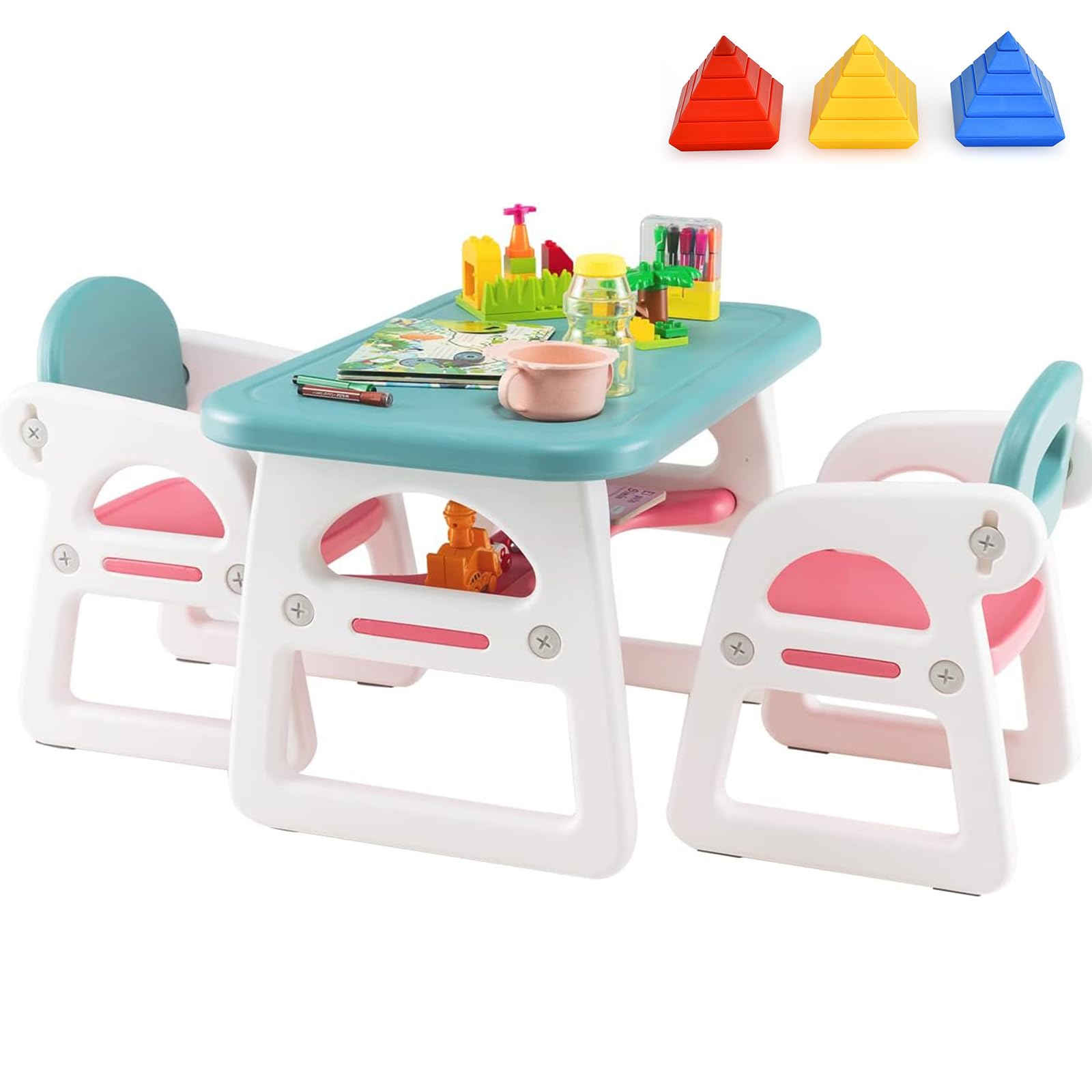 Costzon Kids Table and Chair Set, 3-Piece Plastic Activity Table with Building Blocks, Storage Shelf for Children Reading, Drawing, Writing, Arts &