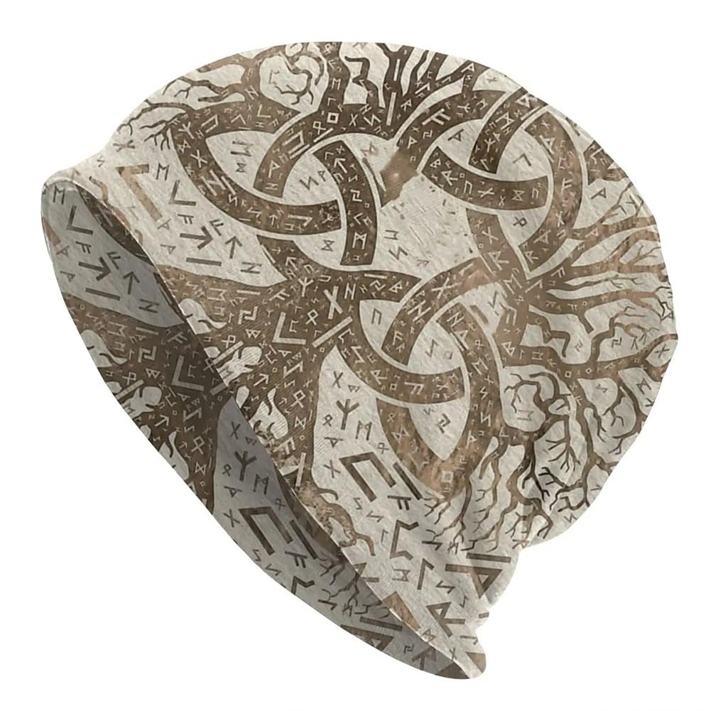 Yayoitimes Unisex Beige Viking Celtic Knot Tree Of Life Skull Beanie, Retro Harajuku 3D Print Rune Pagan Casual Comfortable Sports Hat