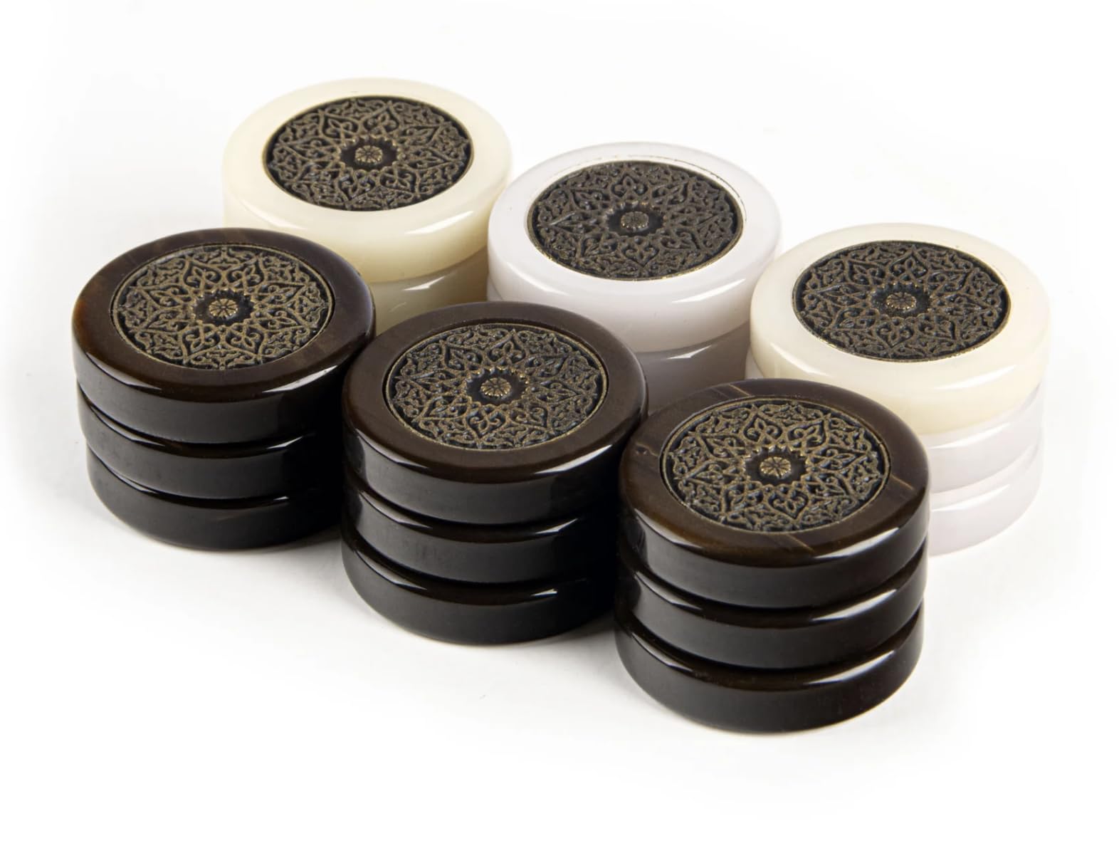 Luxury Manopoulos Mother Of Pearl Backgammon Stones, Featuring Ornamental Metal Design - Premium Set Handmade in Greece by Experts