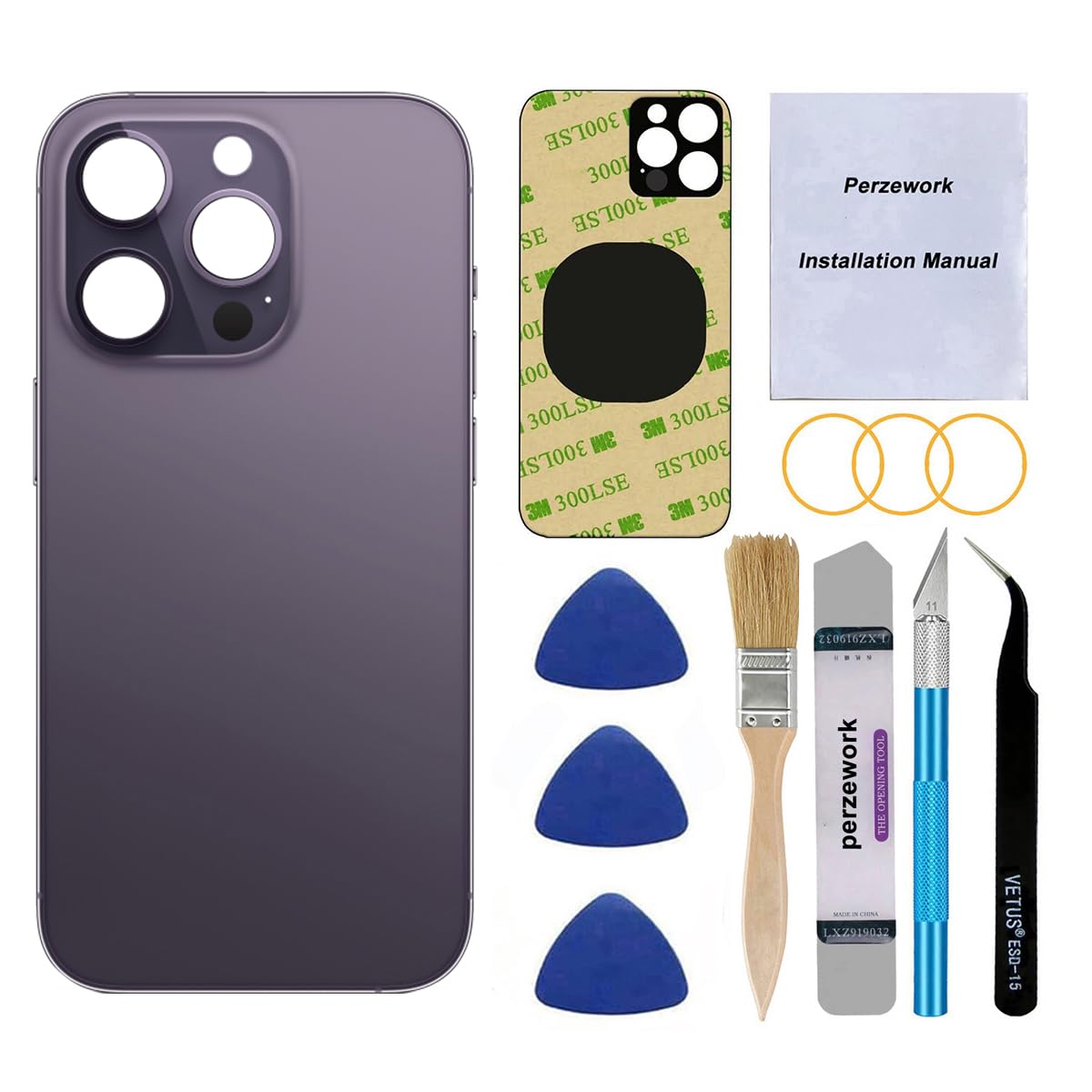 OEM Rear Back Glass Replacement for iPhone 14 Pro 6.1 inches with Reparing Tool Kit and Manual (Deep Purple)