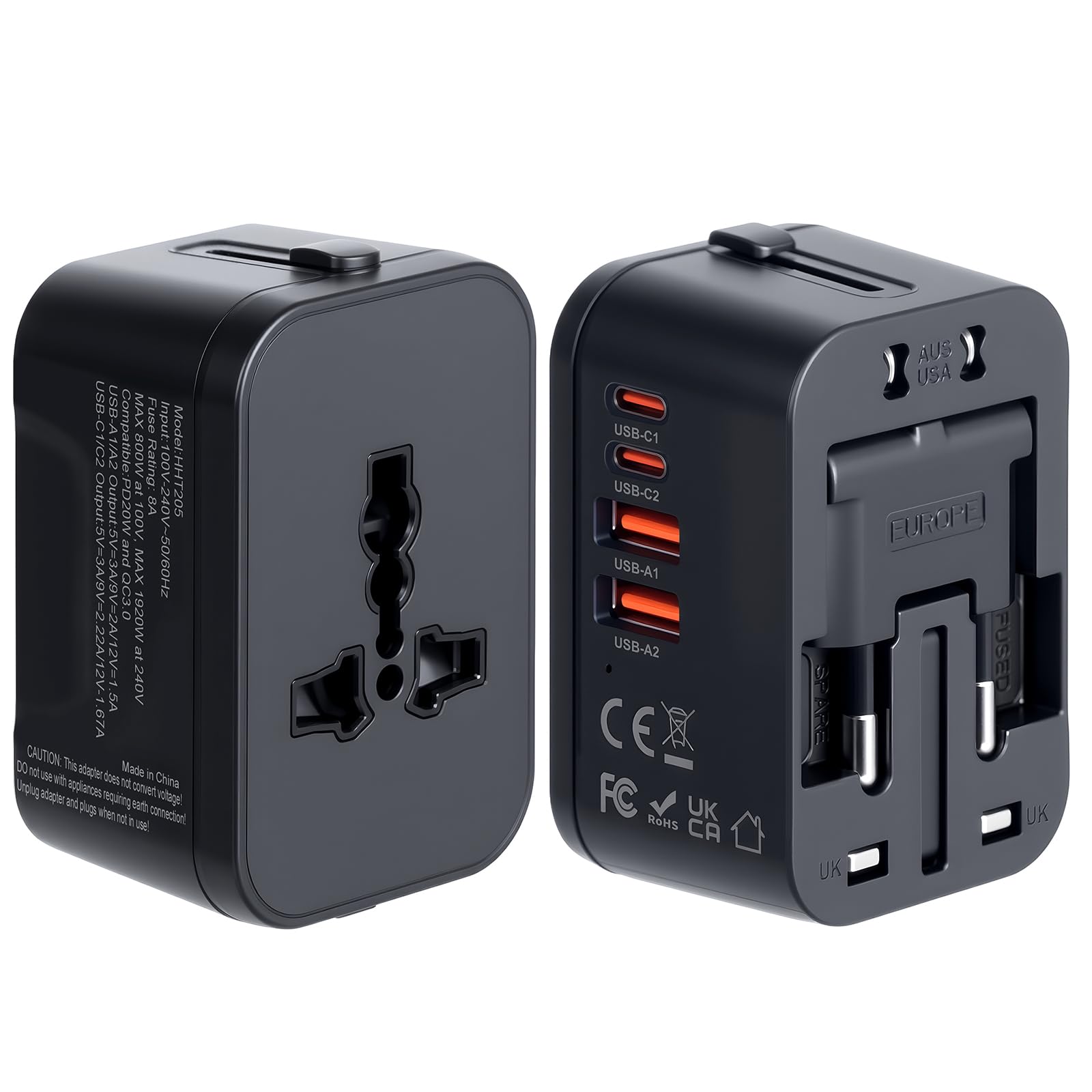 Universal Travel Adapter Fast Charger, Worldwide Plug Adapter 2 USB C PD3.0 & 2 USB-A Quick Charge, All in One International Power Adaptor GaN Smart Wall Charger 4 Ports for Phone Laptop USA EU UK AUS