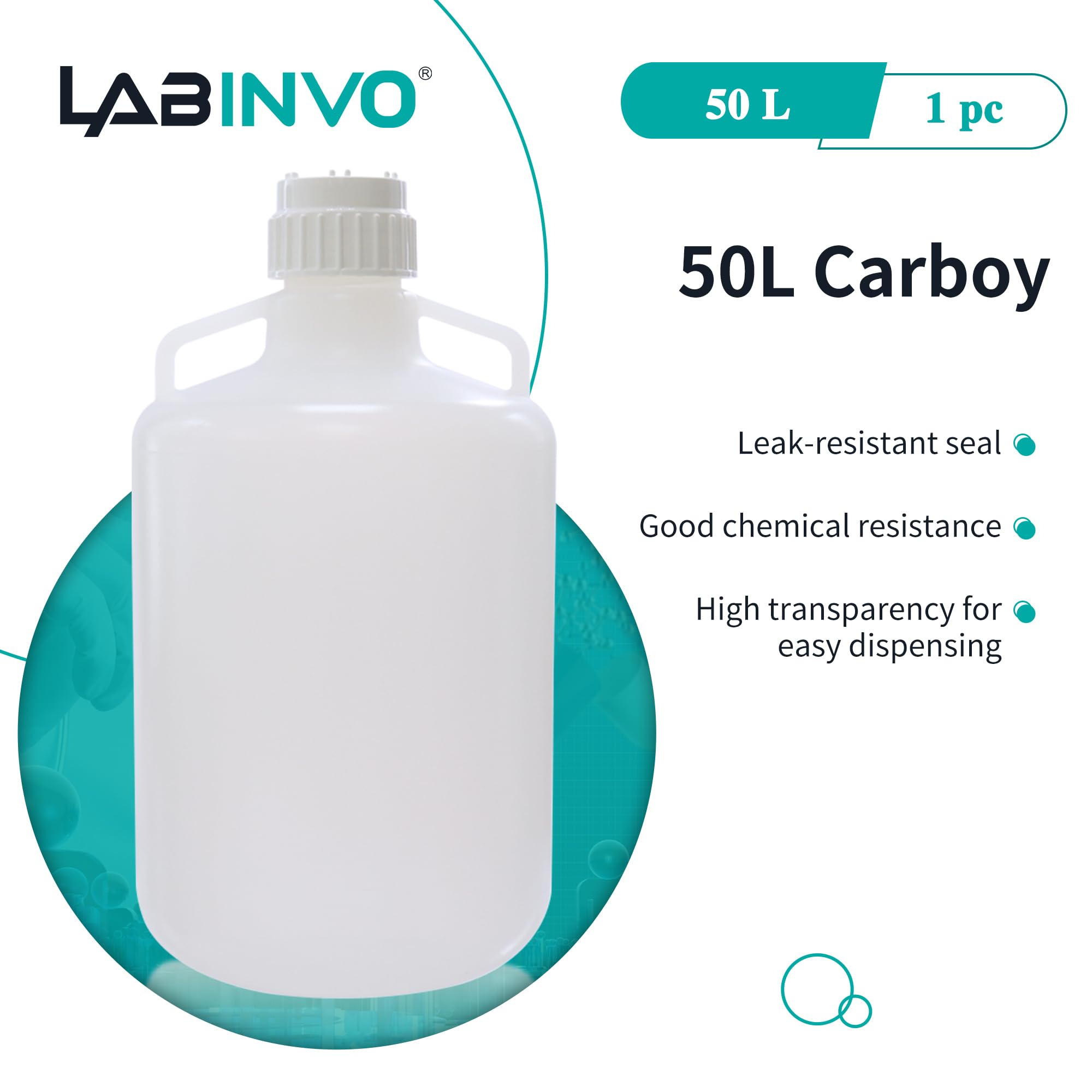 LABINVO 50L(13.2 Gallon) Lab Round Carboy, PP Materia Bucket,Molded Graduation, with Integrated Shoulder Lifting Handle, IN-CAB50