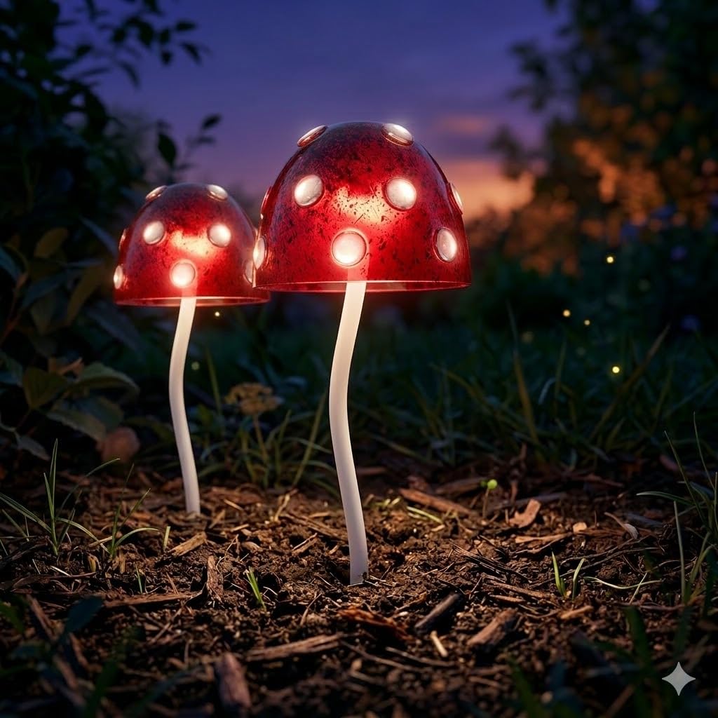 Bloomingtons Direct Red Set Of 2 Mushroom Stake Light Solar Outdoor Garden Light Automatic Solar Powe Glow In The Dark Mushroom Stake Pathway Light Decoration For Garden