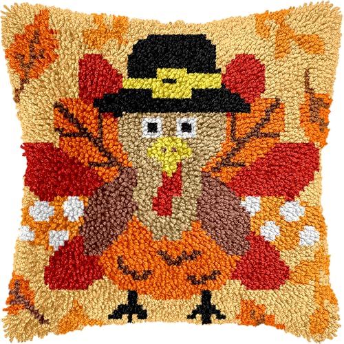 QIONG MENG Latch Hook Kits for Adults, DIY Thanksgiving Turkey Pattern Pillow Cover Kit Needlework Cushion Cover Hand Craft Crochet for Home Sofa Decorations 17 x 17 Inch