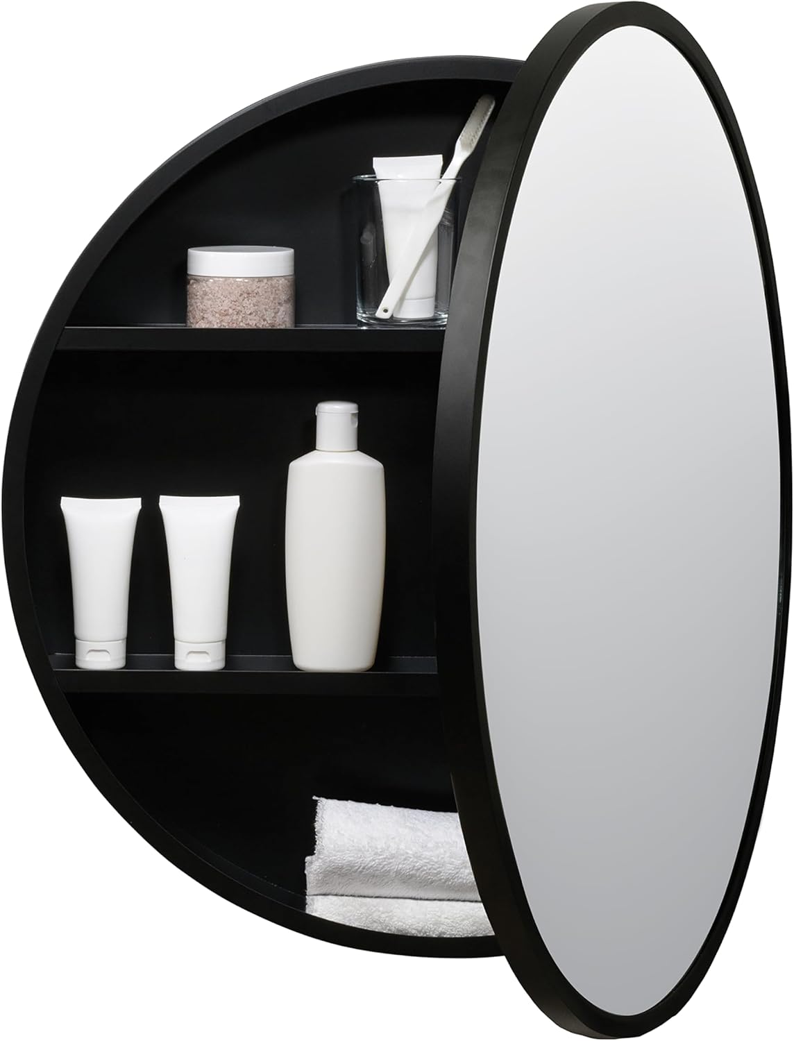 Zenna Home Bathroom Medicine Cabinet with Mirror, Round Bathroom Wall Cabinet with Rustproof Aluminum Frame, 2 Shelves, Surface Wall Mount Installation, 23.6 x 23.6 Inches, Matte Black