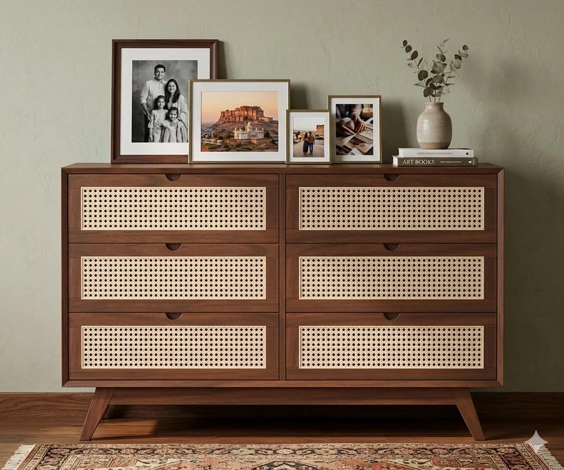 Image of Space Galaxy Sheesham Wood Chest of Drawer with Cane Rattan Fronts | 6 Drawer Storage Cabinet & Wooden Dresser | Mid Century Modern Furniture Organizer for Bedroom, Living Room & Home | Natural Finish