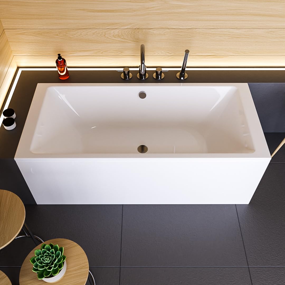 Wanna ECOLAM Tami 200x90 cm + fartuch + półka bambusowa | Nowoczesna, duża wanna dla dwóch osób | Prostokątna wanna akrylowa, najwyższa jakość | Armatura odpływowa, nóżki silikonowe, komplet, design