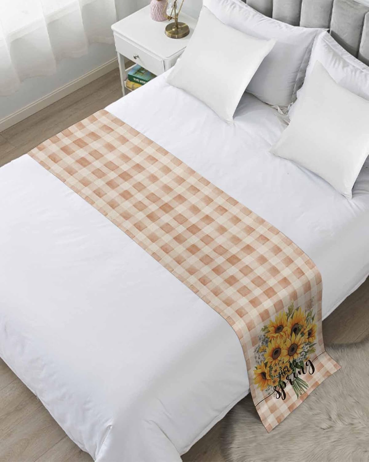 Teamery Bed Runner Scarf for Bed Foot Decor, Spring Plant Sunflower Bed Flags Bed Scarves, Orange Buffalo Plaid Bedding Scarf Protector for Home Bedroom/Hotel/Wedding, 94"x20" for King Bed