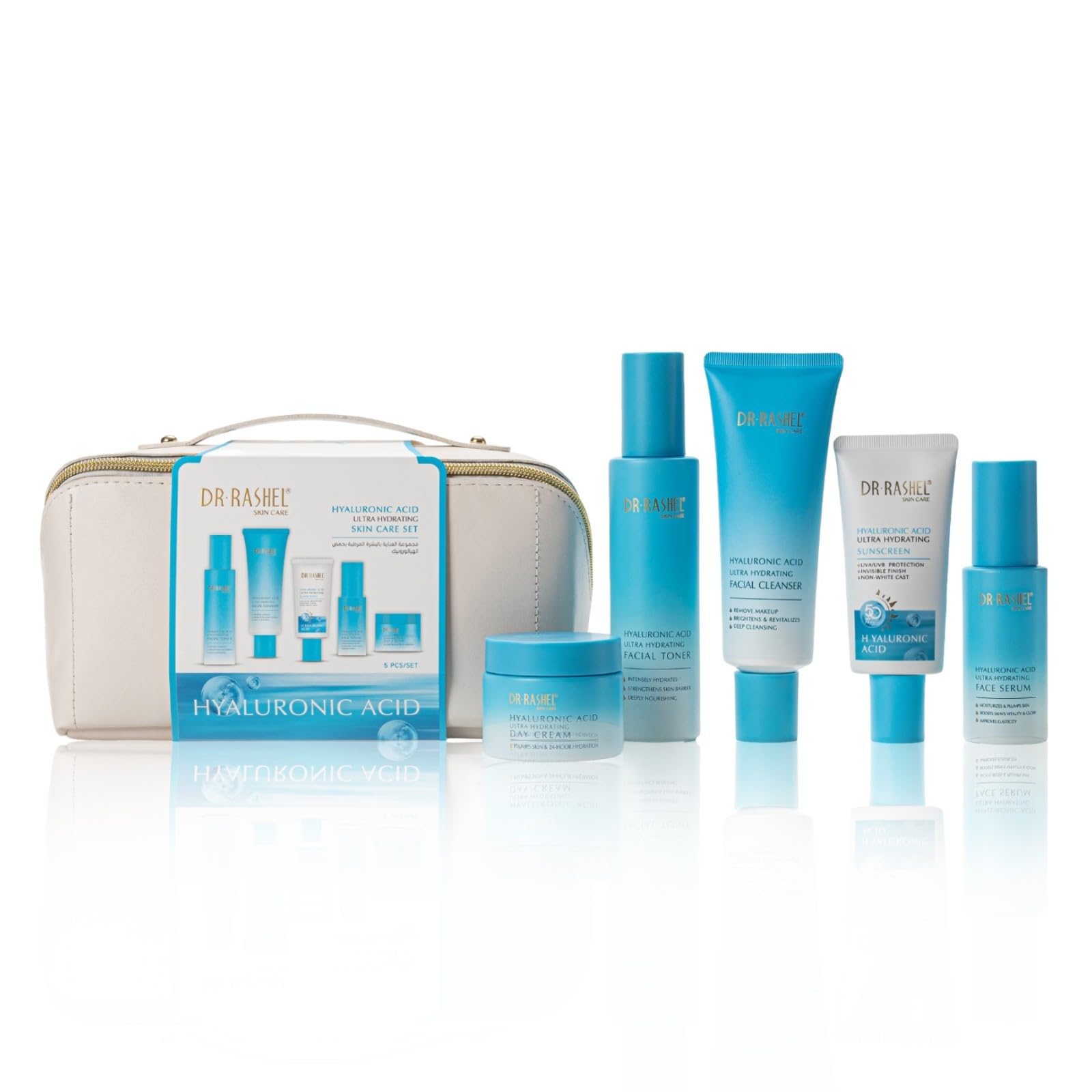 Hyaluronsäure Gesichtspflege Set 5-teilig - Anti-Falten Hautpflege mit Serum, Tagescreme, Nachtcreme, Reinigungsgel, Toner + SPF 50 Sonnenschutz - Anti-Aging, Hautpflege Hyaluronic Acid Geschenkset