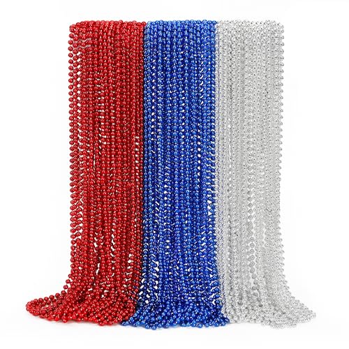 4th of July Party Favors 12PCS 250th Anniversary Patriotic Necklaces Bulk Fourth of July Red Blue Silver Beads Necklace Independence Day Beads Bulk for Parade Party Celebration Favors Decorations