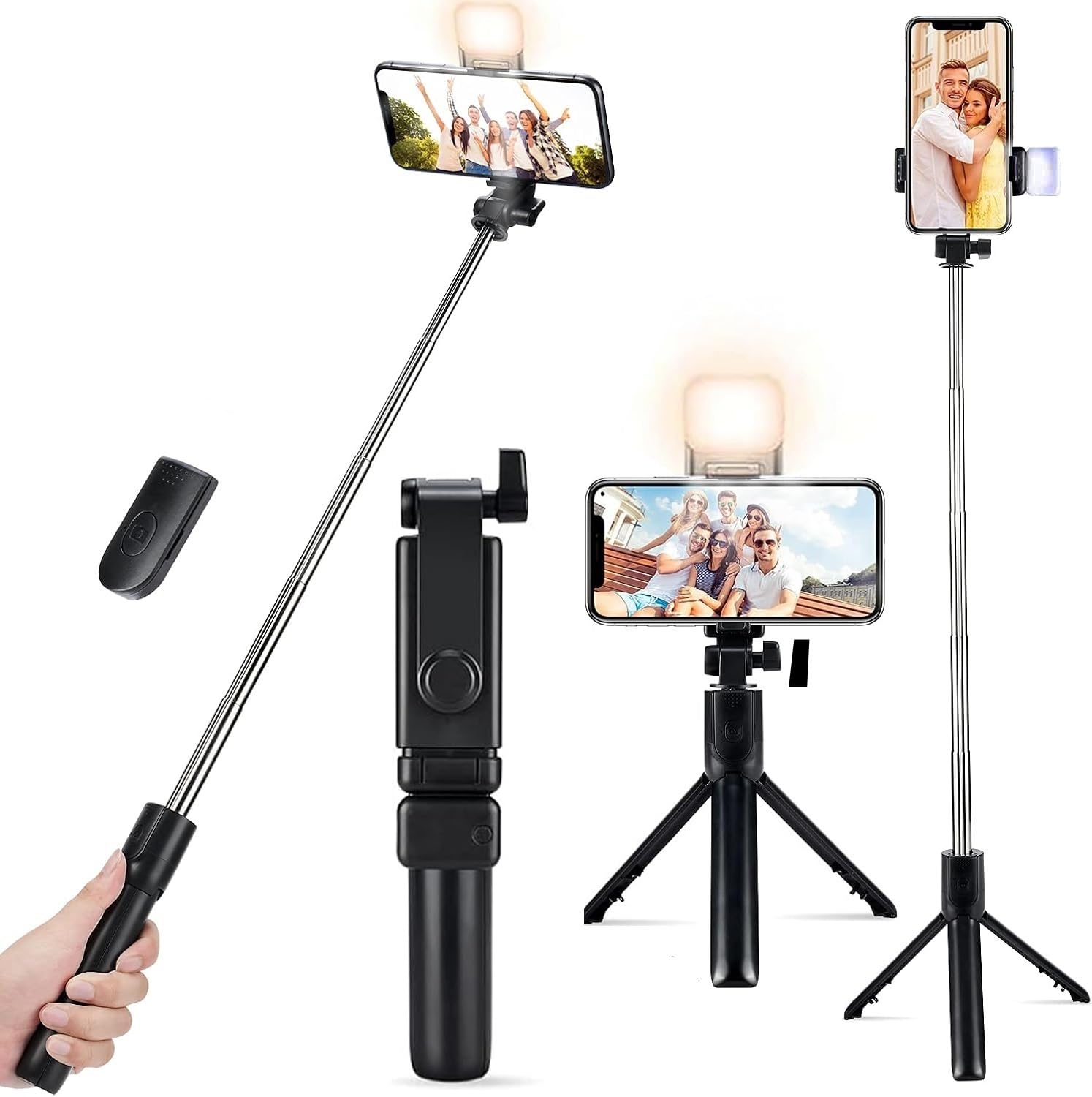 Selfie Light Stick with Tripod Stand, 3 in 1 Multifunctional design, Rechargable LED Light with Two Brighness Levels for Make up, Selfie, Vlogging & Photo Shoot,70cm Selfie stick with Bluetooth Remote-picture-34
