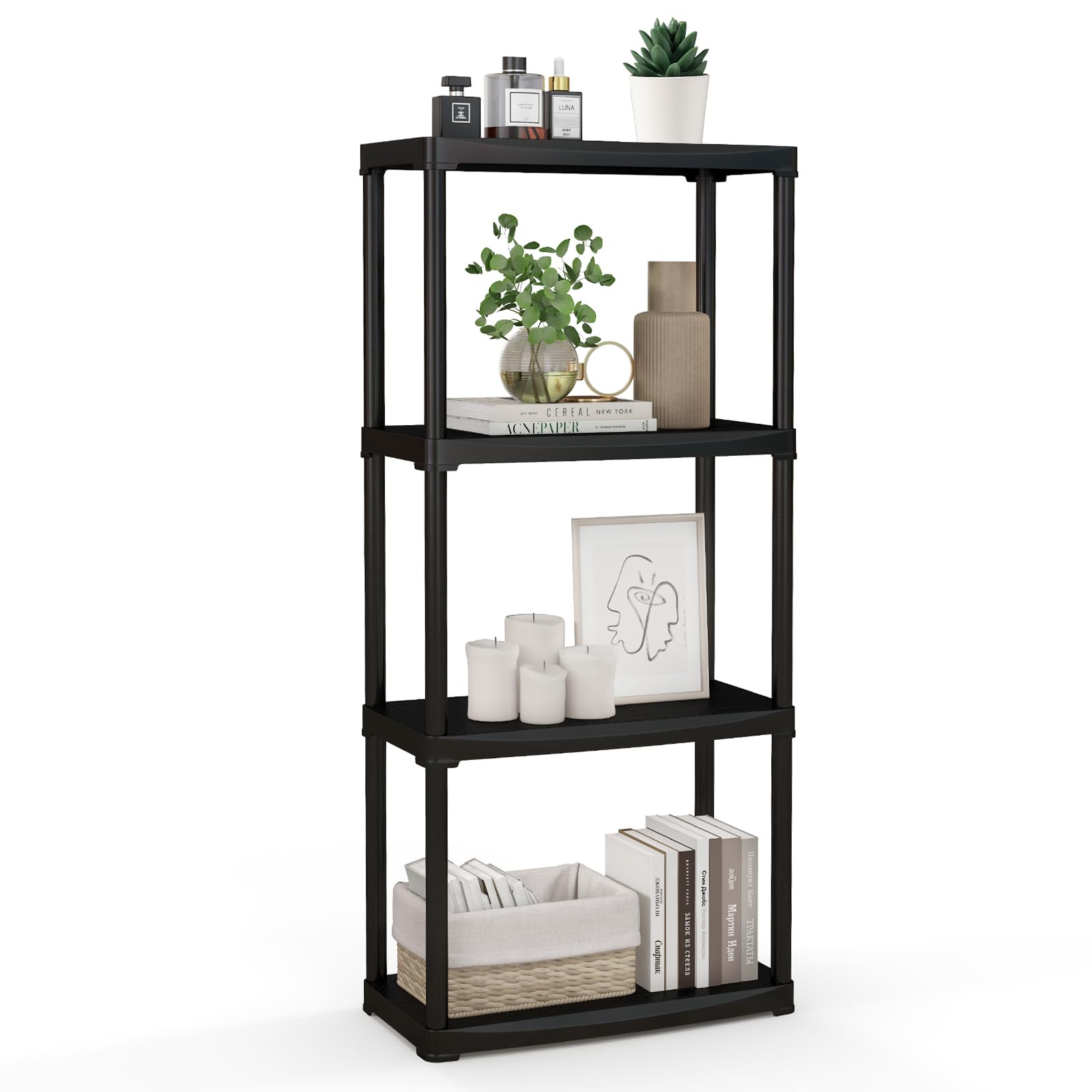 GIANTEX Estante de Almacenamiento de 4 Niveles, Unidad de Almacenaje de Plástico con 4 Estantes, Estantería Independiente de Exposición para Sala de Estar, Cocina, Baño,Negro