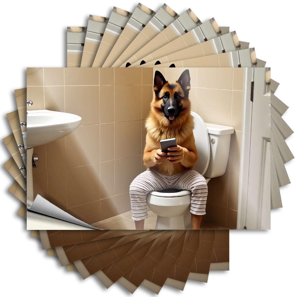 Stickers Inspirational, Antimicrobial Cover A Dog in Pajamas Sitting On A Toilet Using A Smartphone. | Funny Home Decor(12X18CM)