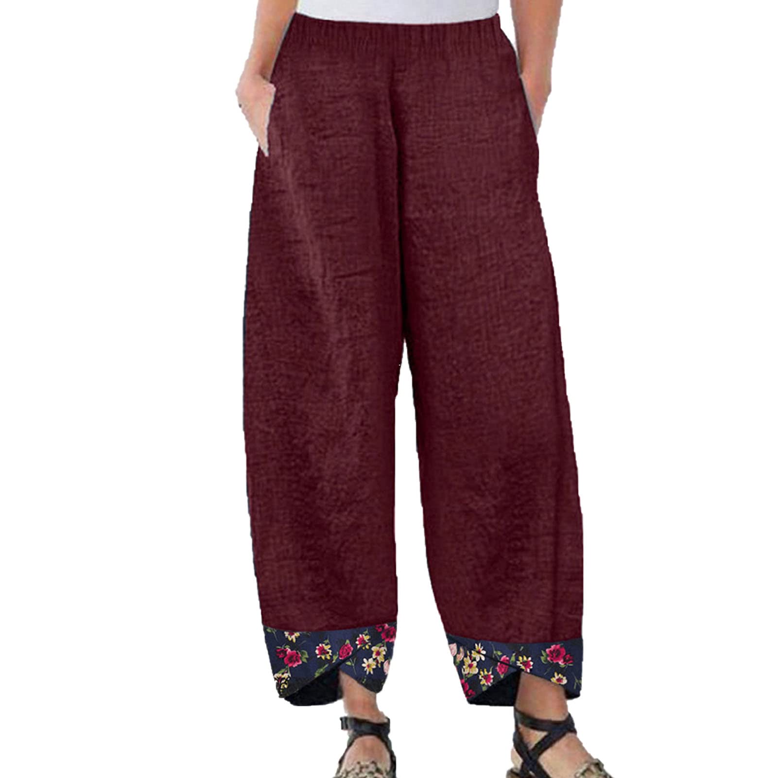 Maiyifu-GJ Women's Printed Linen Wide Leg Pants Summer Elastic Waist Beach Harem Trousers Lightweight Cropped Bottoms Pants (Red Wine,X-Large)