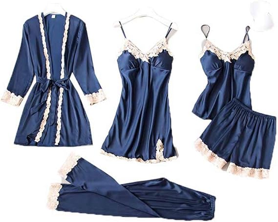 Amazon レディース パジャマ ルームウェア ルームワンピース ネグリジェ 5点セット キャミソール キャミワンピース ショーパン 長ズボン ガウン フェミニン セクシー 大人 シルク風 滑らか 光沢 花柄レース ルームワンピース ネグリジェ 通販