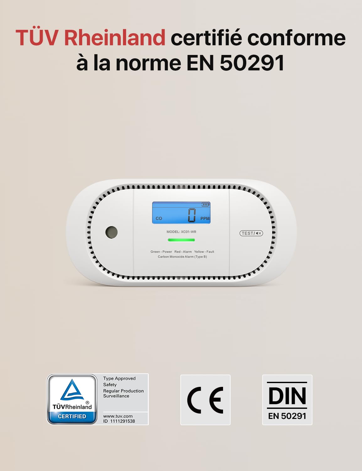 X-Sense Détecteur de Monoxyde de Carbone avec Écran Numérique LCD, Détecteur de CO Équipé d'une Pile Remplaçable d'une Durée de Vie de 7 Ans, Conforme à la Norme EN50291, XC01-R
