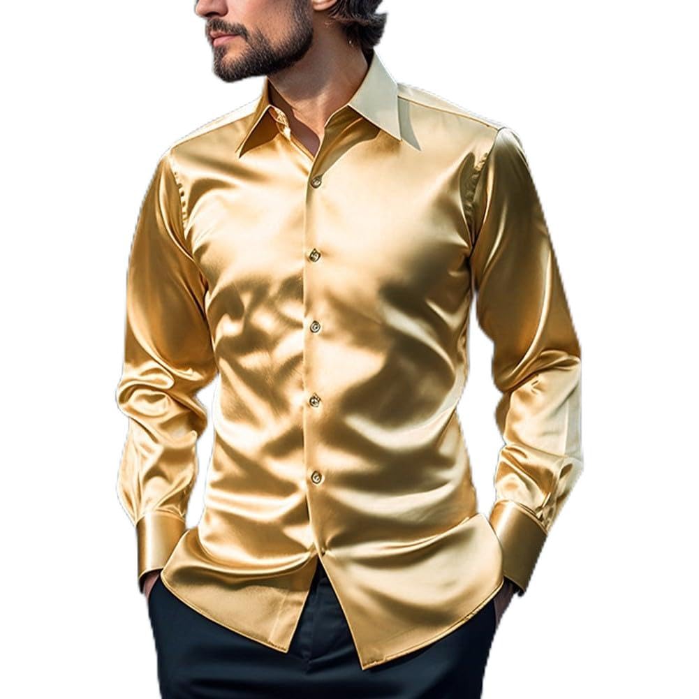 QOXEZY Camicia da uomo in raso di seta casual slim fit abbottonatura giù partito manica lunga